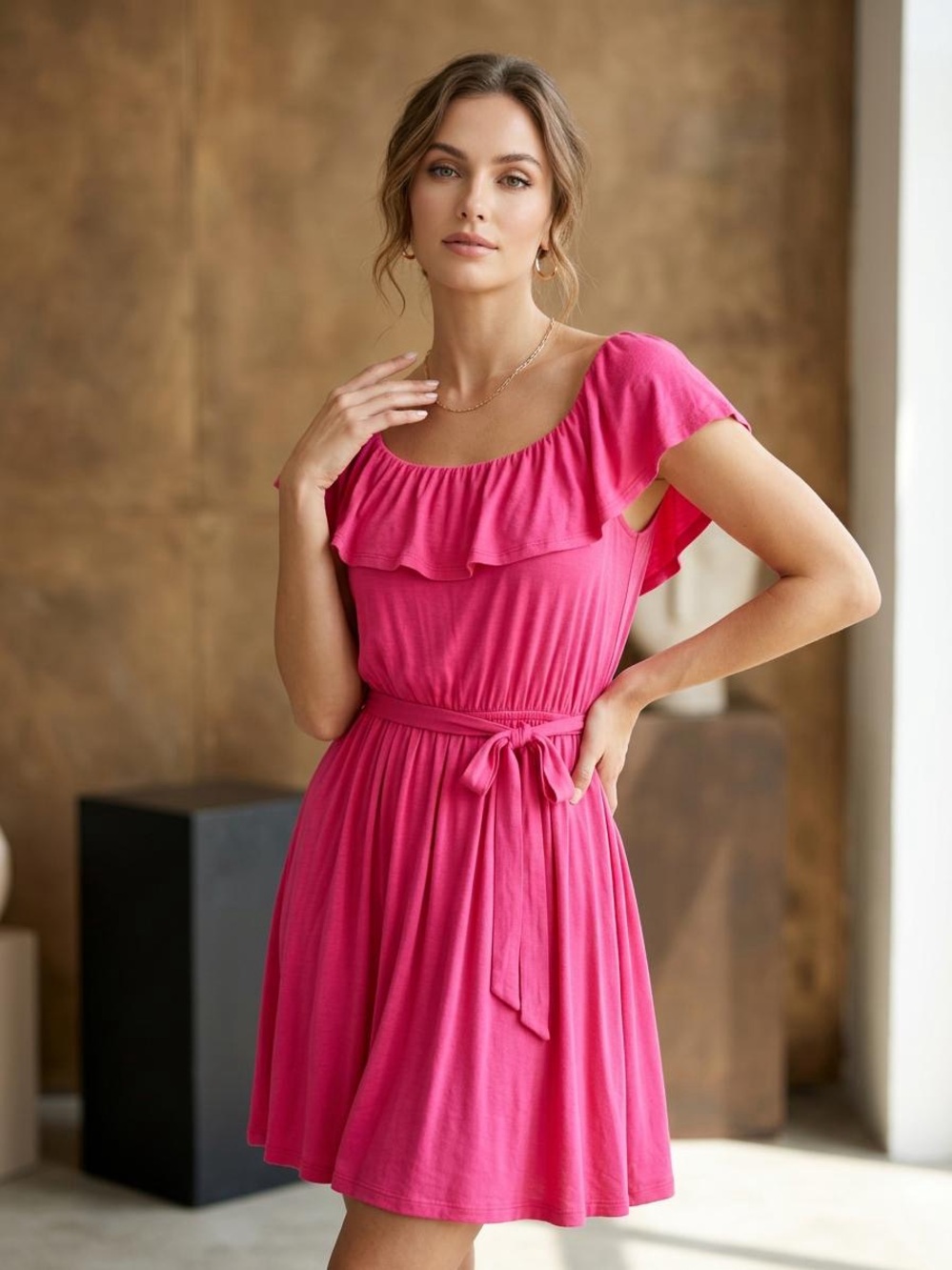 Women’s Ruffle Scoop Neck Pink Dress with Waist Tie